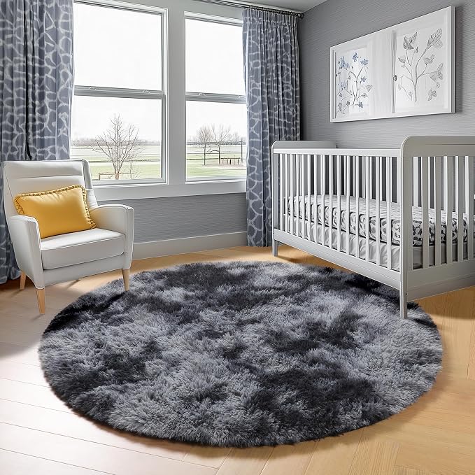 ONASAR Tie-Dyed Dark Grey Round Area Rugs 5ft, Ultra Soft Bedroom Circle Rug - Image 6