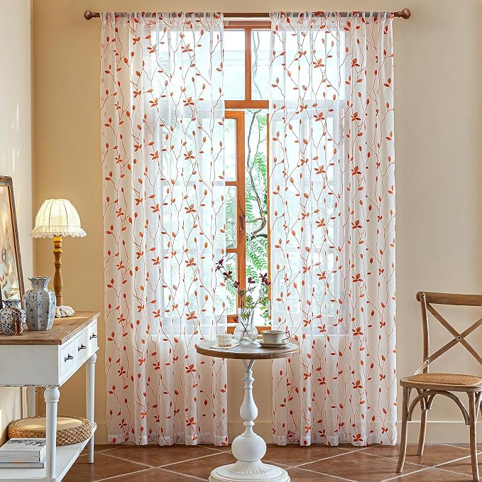 AmHoo 2 Panels Embroidered Leaf Pattern Semi Sheer Curtains Foliage Floral - Image 2