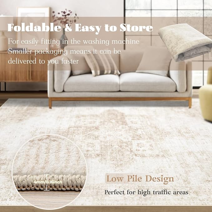 Area Rug 9x12 Washable Rug, Vintage Boho Medallion Rugs Non-Slip Soft Low Pile - Image 7