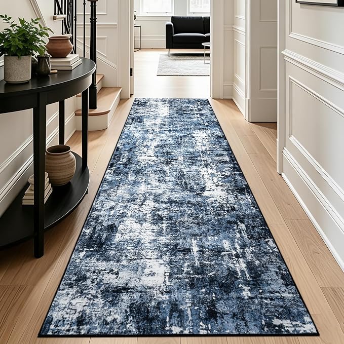 Rugflix 2'6"x8' Runner Rug for Hallway, Washable Navy Blue Long Runners | - Image 3
