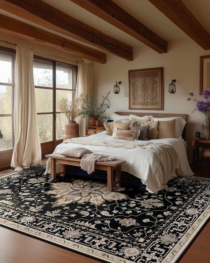Area Rugs 6'x9' Washable Non-Slip, Floral Vintage Distress Print Pattern - Image 3