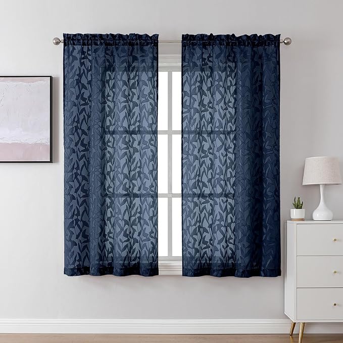 Lecloud Leia Navy Blue Sheer Curtains 45 Inch Length 2 Pcs, Dual Rod Pocket by Lecloud
