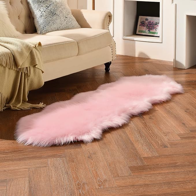 duduta Pink Faux Sheepskin Runner Rugs 2x6 ft, Fluffy Shag Bedroom Rug Fur - Image 5