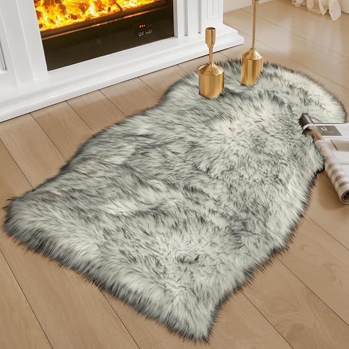 Ciicool Faux Sheepskin Rugs Soft Faux Fur Rug White Gradient Sliver Black by CIICOOLHomeDeco