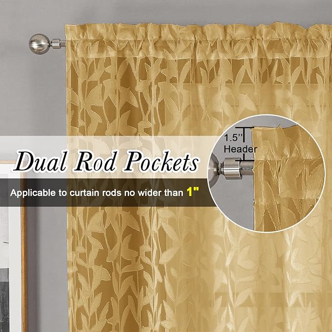 Lecloud Leia Dark Gold Sheer Kitchen Curtains 36 Inch Length, Breathable Clip - Image 2