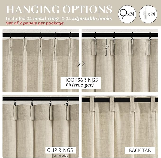 Warm Beige Pinch Pleated Linen Blend Semi Sheer Curtains 90 Inches Long | - Image 4