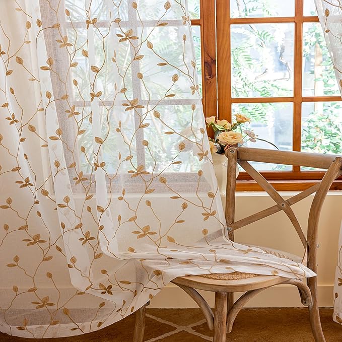 AmHoo 2 Panels Embroidered Leaf Pattern Semi Sheer Curtains Foliage Floral by AmHootextile