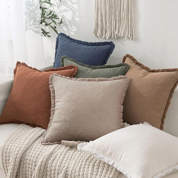 MIULEE Decorative Throw Pillow Covers Neutral Linen Fringe Throw Pillows Set of - Image 2