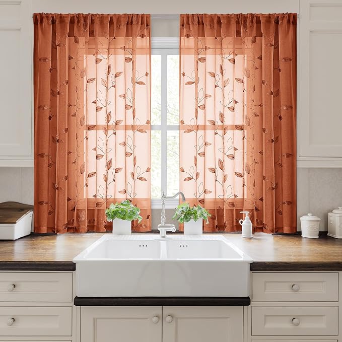 HOMEIDEAS Fall Burnt Orange Sheer Curtains 52 x 54 Inch Length 2 Panels - Image 7