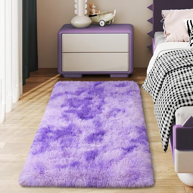 Soft Runner Rugs for Bedroom Hallways, 2x4 Tie-Dyed Purple Fluffy Shag Throw by Ailyei