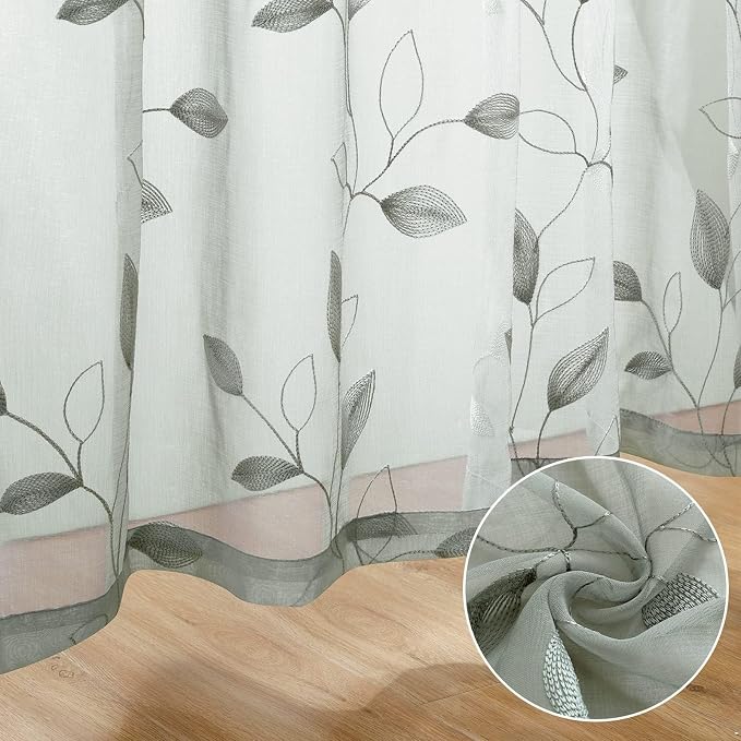 HOMEIDEAS Sage Green Sheer Curtains 52 X 63 Inches Length 2 Panels Embroidered - Image 7