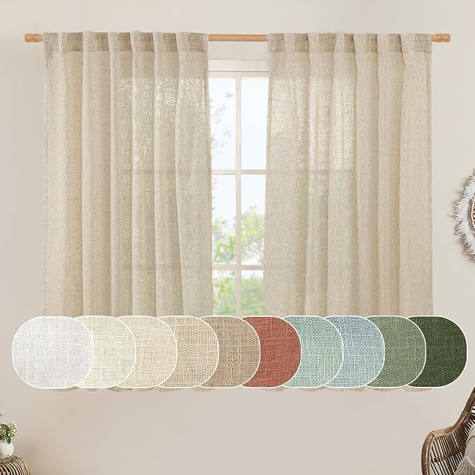 LAMIT Semi Sheer Linen Curtains 54 Inch Length 2 Panels, Light Filtering Panels by LAMIT