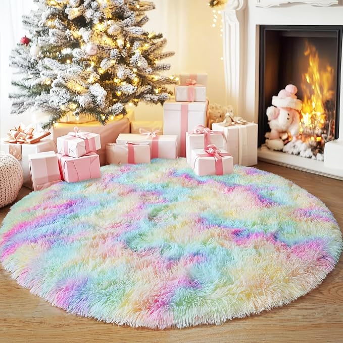 3'x3' Rainbow Round Rugs for Girls Bedroom, Ultra Soft Fluffy Circle Rug for - Image 3