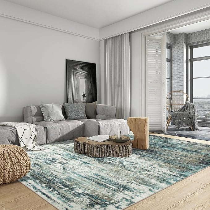6x9 Area Rugs for Living Room: Washable Abstract Teal Green Badroom Carpet | - Image 3