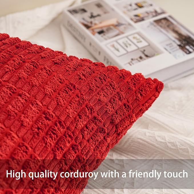 Pack of 2 Christmas Red Corduroy Decorative Throw Pillow Covers 16x16 Inch Soft - Image 2