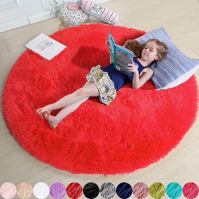 Red Round Circle Rug 6Ft for Bedroom, Large Fluffy Shag Area Rugs for Kids Room by Amdrebio