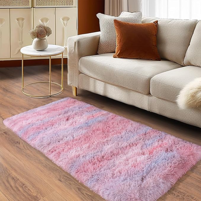 Soft Runner Rugs for Bedroom Hallways, 2x4 Abstract Pink Fluffy Shag Throw Area - Image 3