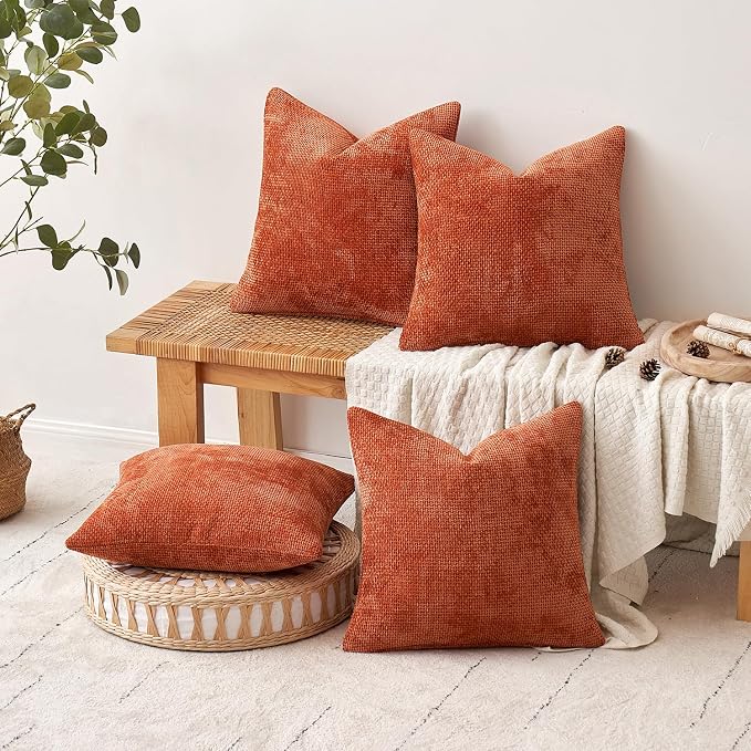 MIULEE Decorative Chenille Fall Pillow Covers Burnt Orange 20x20 Pack of 4 | - Image 5