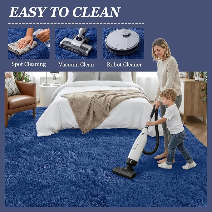 Area Rug Living Room Bedroom: 5x7 Fluffy Plush Shag Carpet Blue | - Image 8