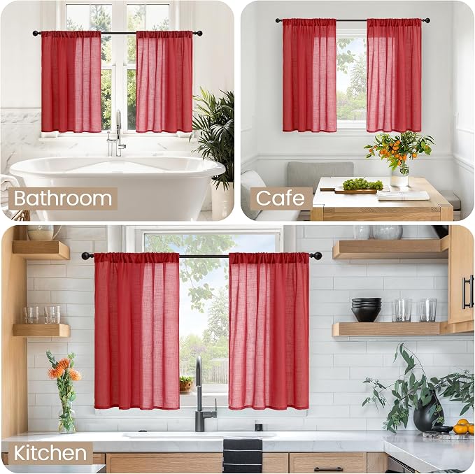 BGment Red Linen Curtains 40 Inch Length - Image 2