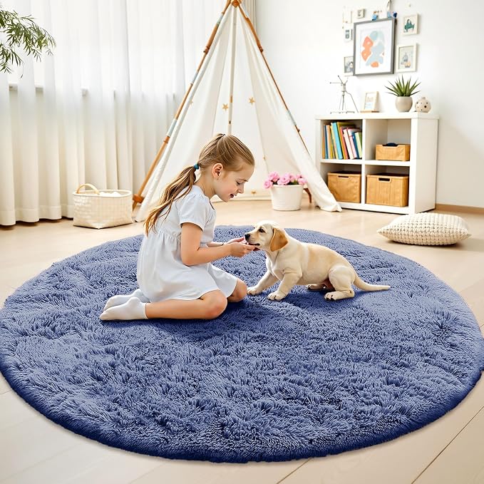 OLANLY Denim Blue Round Rugs for Bedroom - Image 2