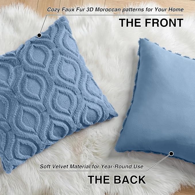 decorUhome Throw Pillow Covers 24x24 Inch Set of 2, Soft Plush Faux Wool Blue - Image 8