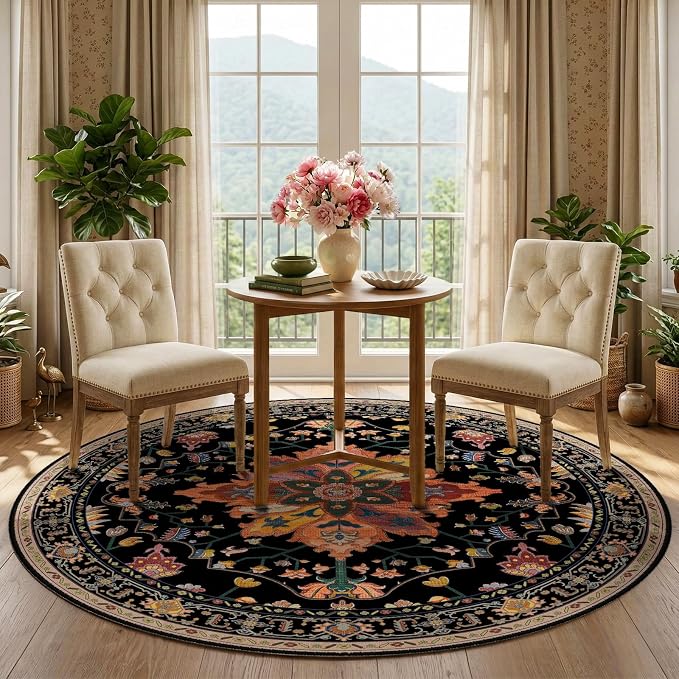 RELEANY Area Rugs 5ft Washable Non-Slip, Floral Vintage Distress Print Pattern by RELEANY