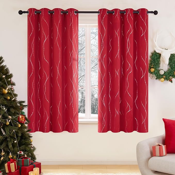 Deconovo Red Curtains, Christmas Drapes, Wave Line Dot Foil Print, 52 x 63 Inch by Deconovo