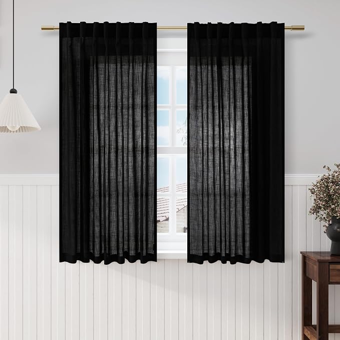 Nanspring Black Linen Sheer Curtains 54 Inch Length 2 Panel Set Back Tab Pocket by Nanspring
