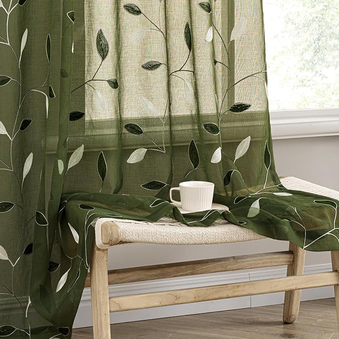 MIULEE Olive Green Sheer Curtains 2 Panels Embroidered Leaf Patterned Rod by MIULEE