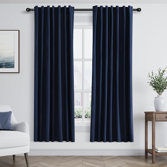 Guken Navy Blue 100% Blackout Linen Curtains 63 Inch Length 2 Panels Set by Guken