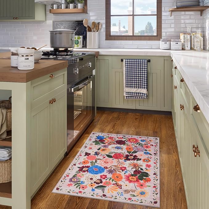 Pink/Beige Floral Rug for Entryway, 2X3 Washable Kitchen Mat Ultra-Thin Soft - Image 3