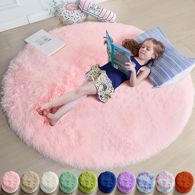 Amdrebio Light Pink Small Cute Round Rug 3Ft by Amdrebio