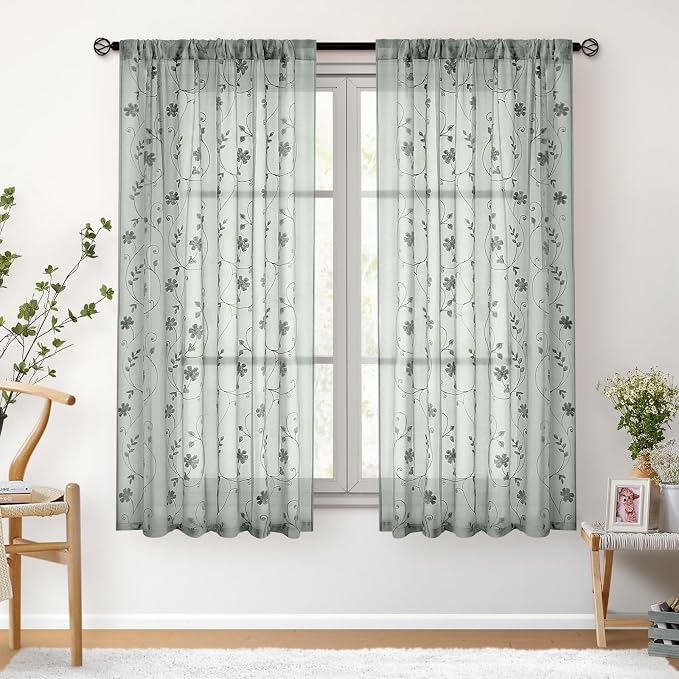 HOMEIDEAS Sage Green Sheer Curtains 63 Inches Length 2 Panels Embroidered - Image 7