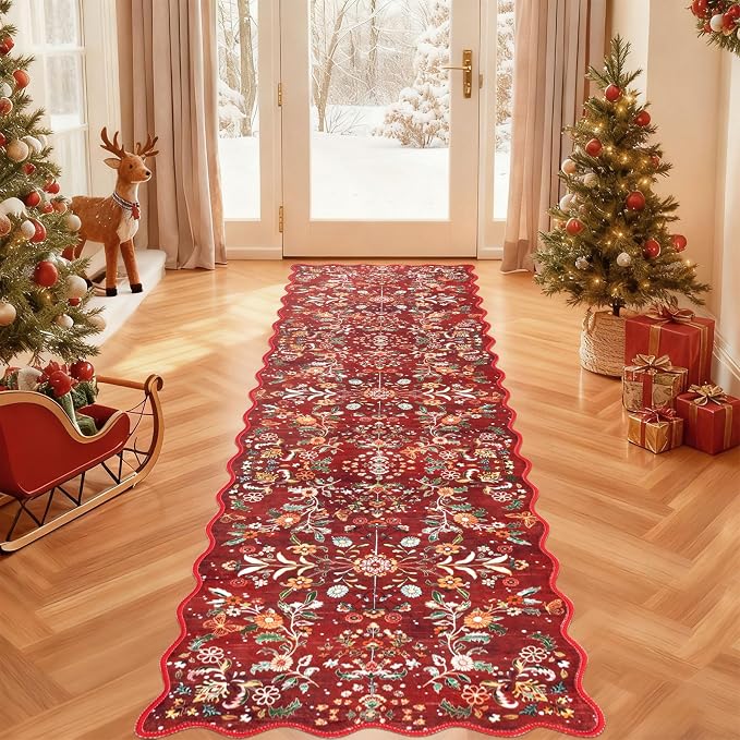 Yamaziot Christmas Runner Rug 2x8 – Red Floral Washable Non-Slip Carpet Runner - Image 9