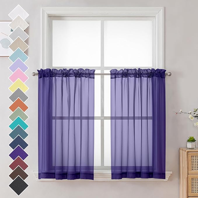 OVZME Purple Kitchen Sheer Curtains 36 inches Long, Short Kitchen Window by OVZME