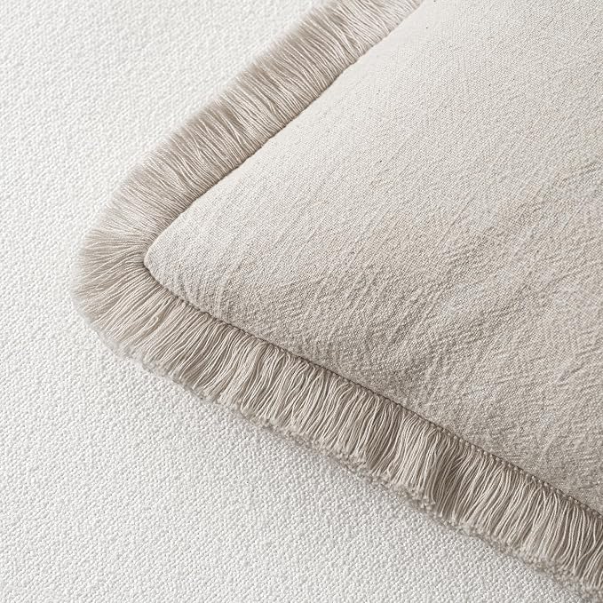 MIULEE Linen Fringe Decorative Throw Pillow Covers Natural Beige 18x18 | Set of - Image 3