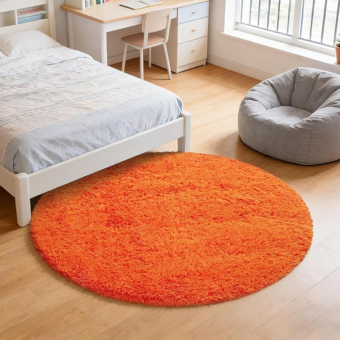 Orange Fluffy Round Rug, Soft Area Rugs - Image 7