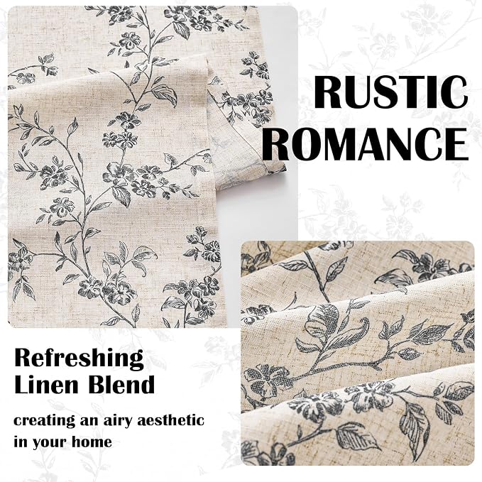Lazzzy Farmhouse Linen Curtains Black Floral Curtains 96 Inch Length Back Tab - Image 4
