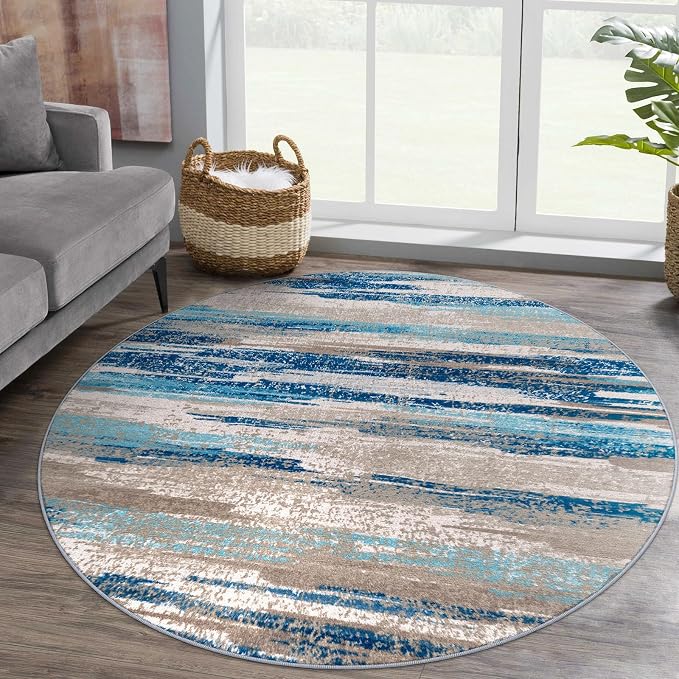Lansny Modern Abstract Round Rug 5Ft, Circular Dining Room Rugs Thin Print Faux - Image 2
