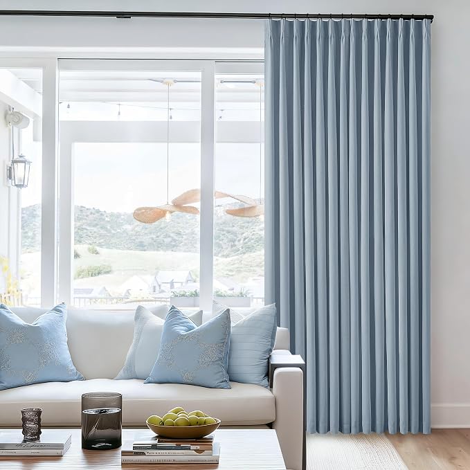 Dusty Blue Pinch Pleated 100% Blackout Linen Curtains 84 Inch Long 2 Panels | - Image 9