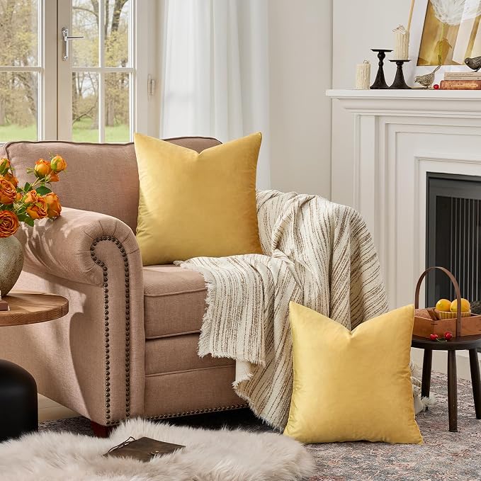 GIGIZAZA 18x18 Yellow Velvet Decorative Throw Pillow Covers - Image 3
