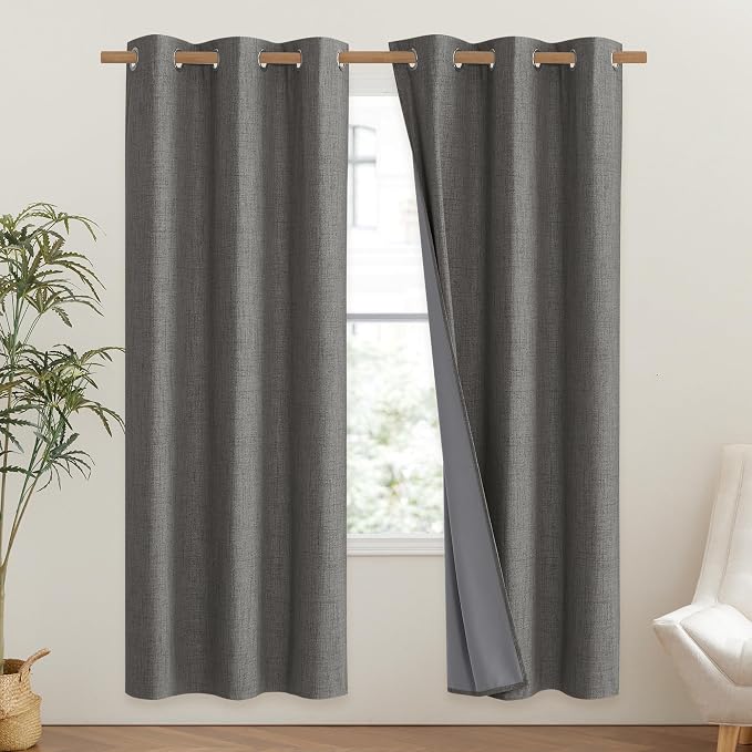 NICETOWN Grizzle Gray Vintage Linen 100% Blackout Curtains - Image 2