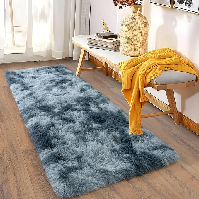 Soft Runner Rugs for Bedroom Hallways, 2x6 Tie-Dyed Blue Grey Fluffy Shag Throw - Image 5