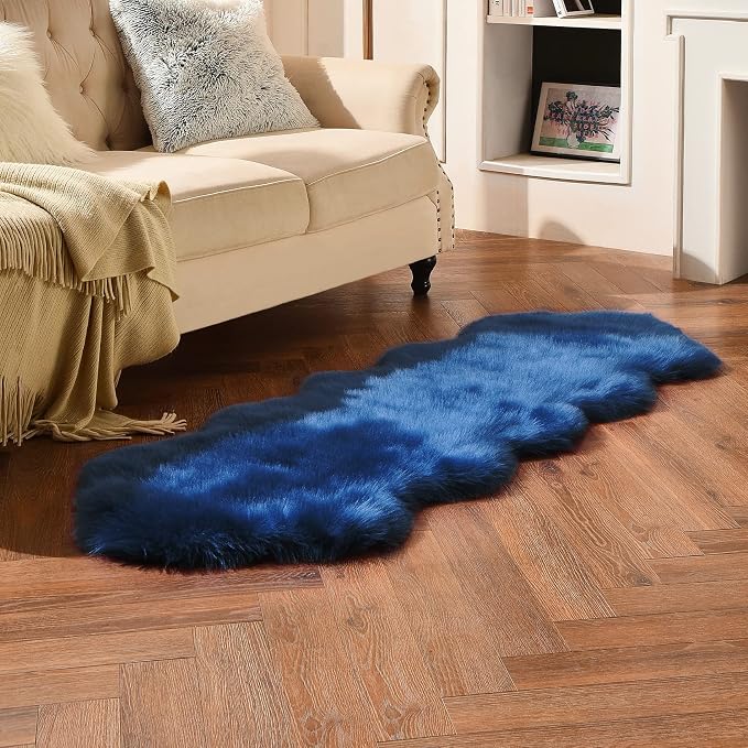 duduta Navy Blue Faux Sheepskin Runner Rugs 2x6 ft, Fluffy Shag Bedroom Bedside - Image 6