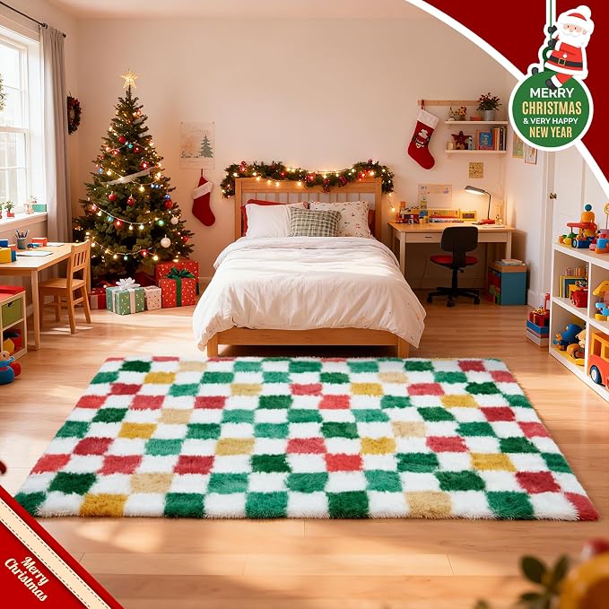 Checkered Area Rug 8x10 for Living Room Bedroom, Christmas Shag Rug Fuzzy - Image 4