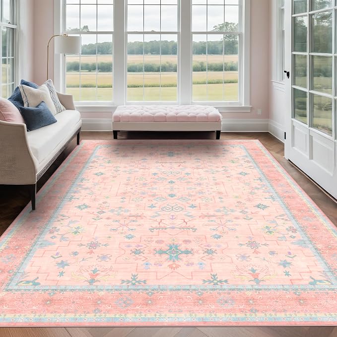 Washable Pink and Blue 8x10 Oushak Rugs - Image 8