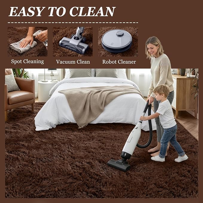 Area Rug Living Room Bedroom: 5x7 Fluffy Plush Shag Carpet Brown | - Image 8