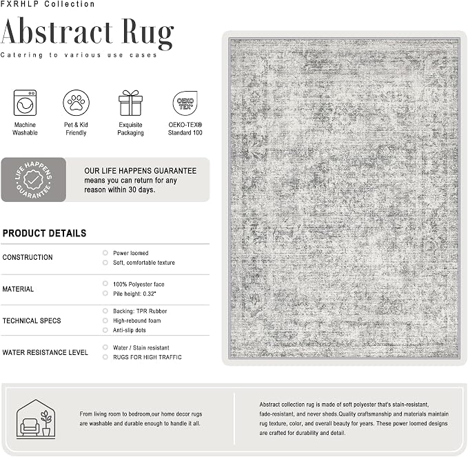 5x8 Area Rug Living Room: Modern Washable Soft Carpet Black Grey | - Image 3