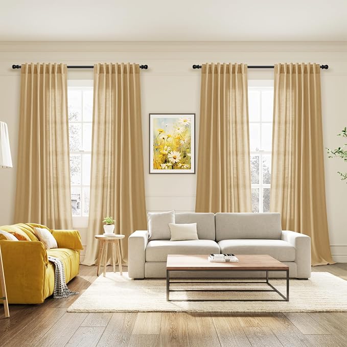 Gold Yellow Linen Curtains 102 Inches Long Rod Pocket Back Tab Drapes 2 Panels - Image 7